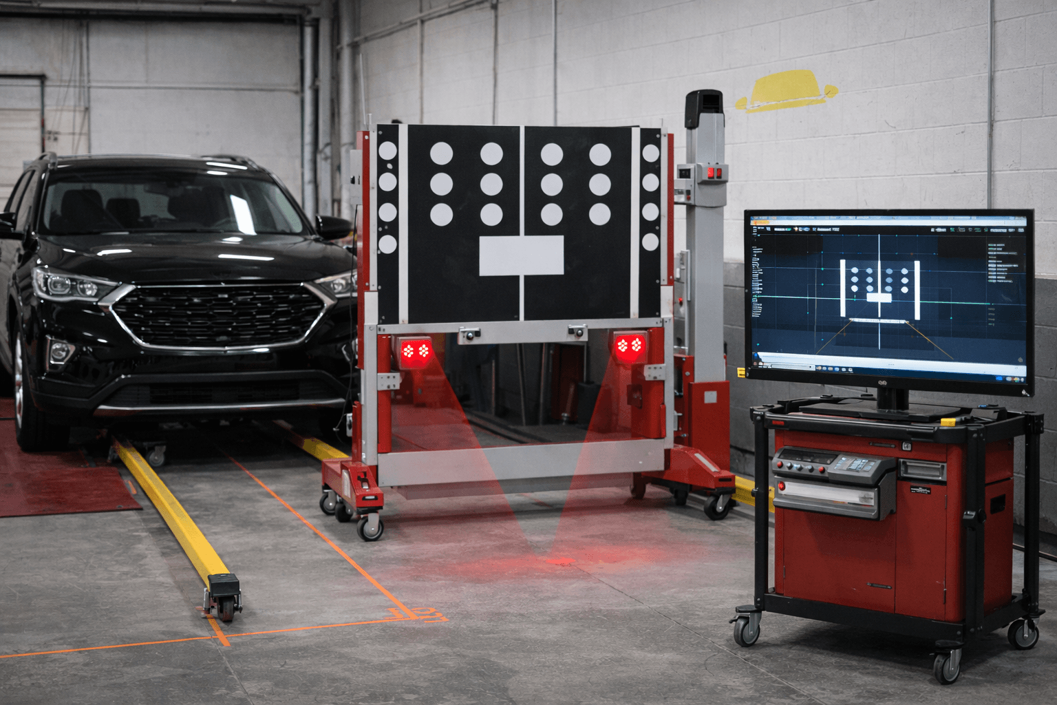 ADAS calibration target board and diagnostic computer at Polaris AutoGlass shop in Fort Collins, CO