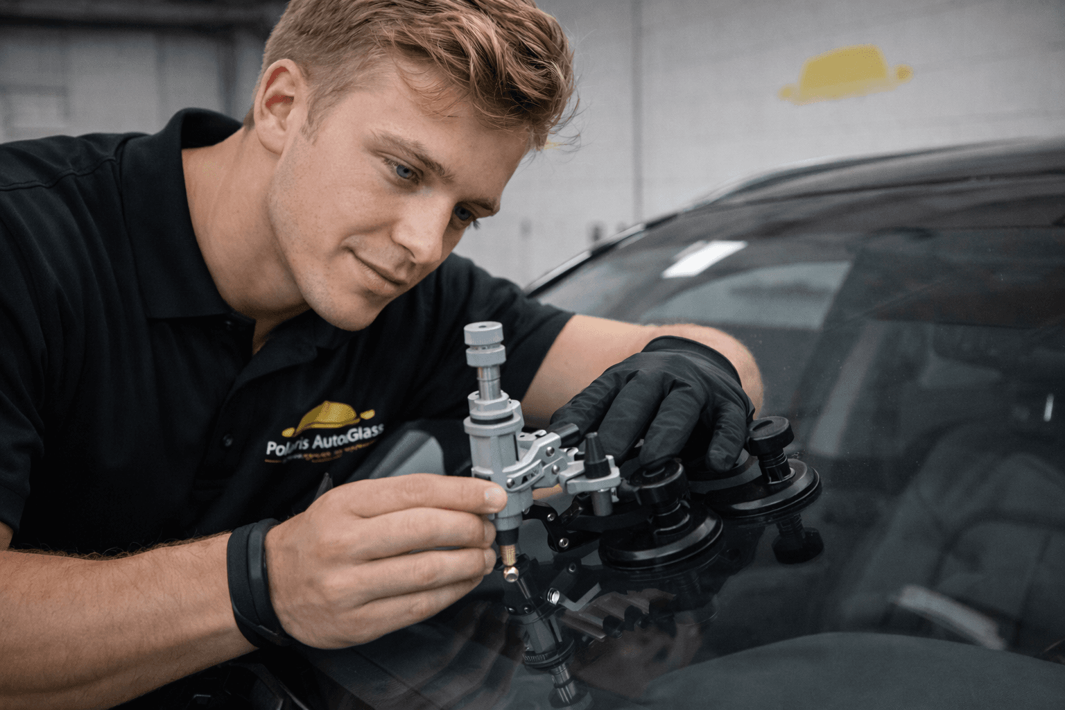 Polaris AutoGlass technician performing windshield chip repair with bridge tool in Fort Collins, CO