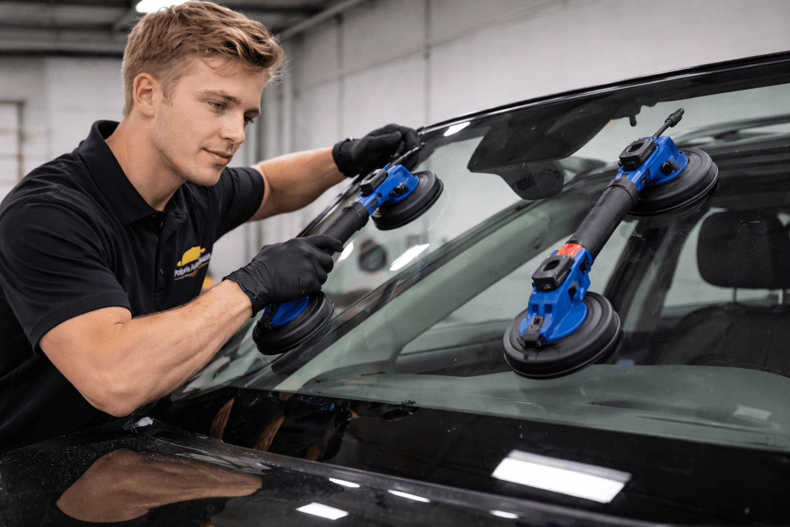 Polaris AutoGlass technician installing windshield with suction cups in Fort Collins, CO